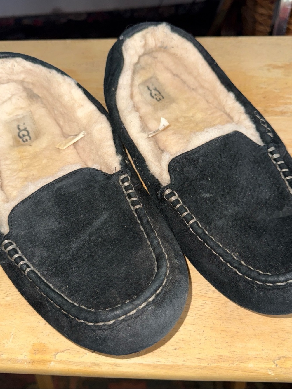 UGG Black Suede Shearling Moccasin Slippers